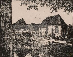 Alt-Crange mit Dorfkirche im Vordergrund. Nach einem Holzschnitt von Heinrich Evers.jpg